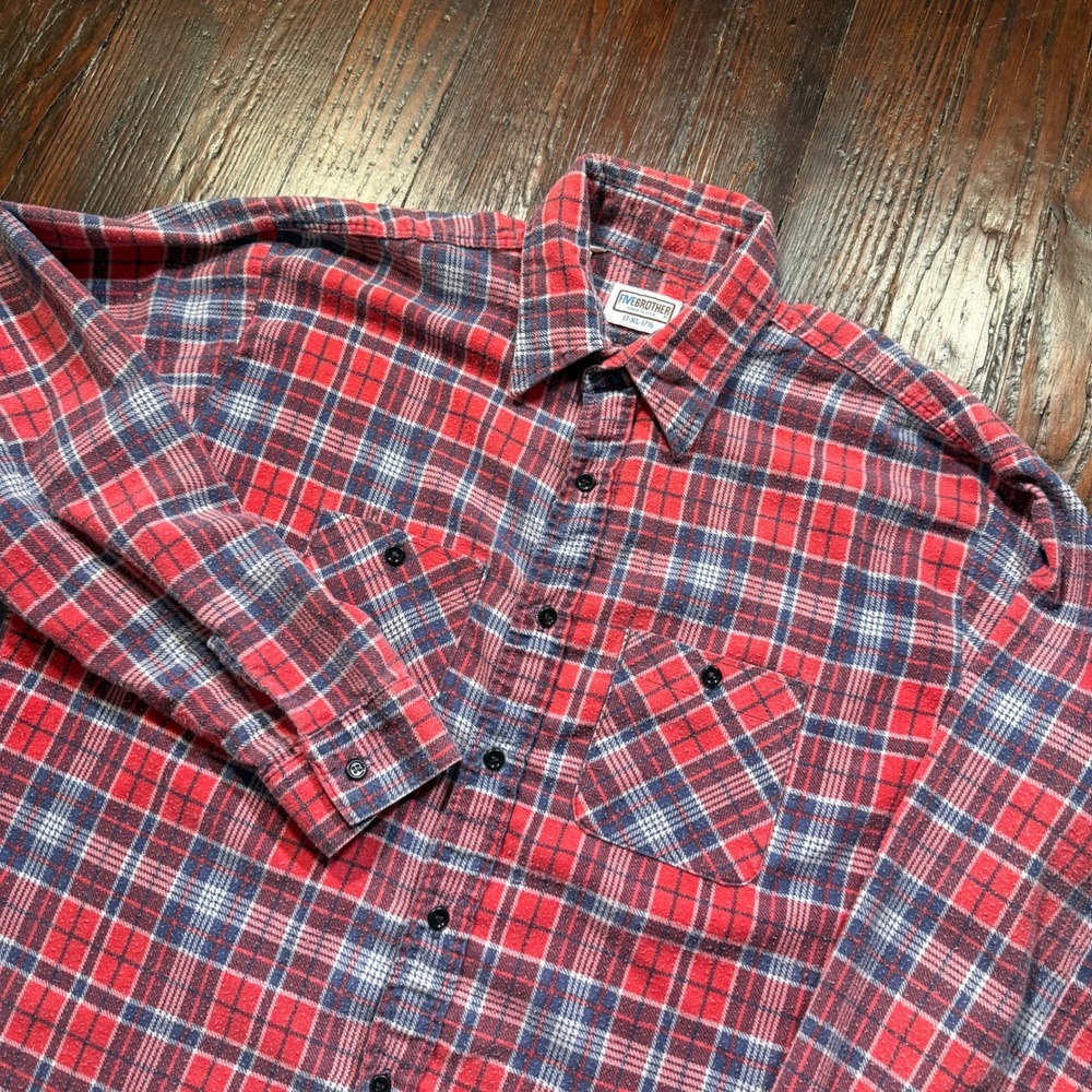 Vintage Five Brother Flannel Shirt Mens XL Red Blue Plaid Made in USA ACTW